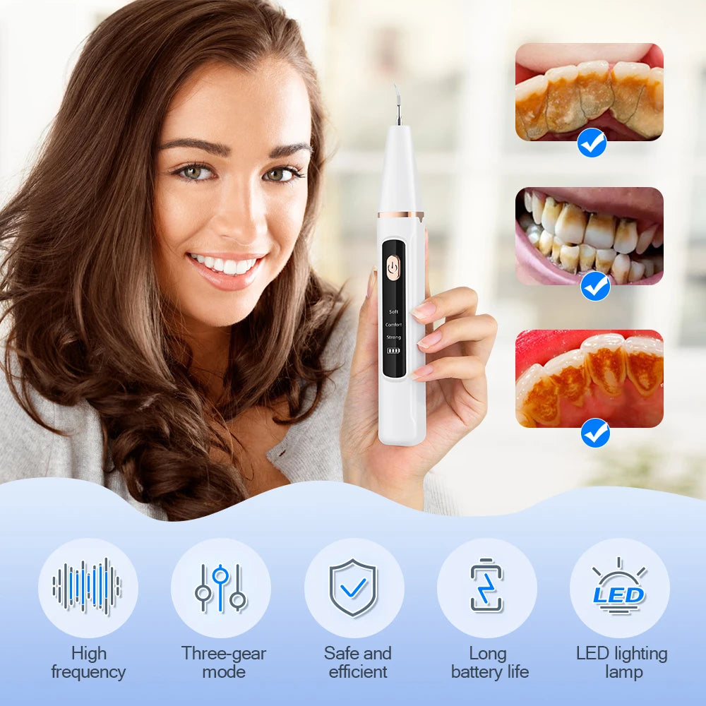 Woman smiling with white teeth using ultrasonic scaler